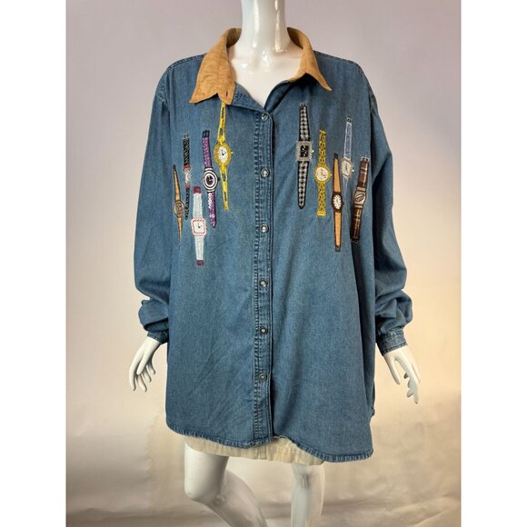Vintage Bobbie Brooks Denim Button-Up Shirt With Embroidered Watches Plus Sz 24W - Picture 9 of 16